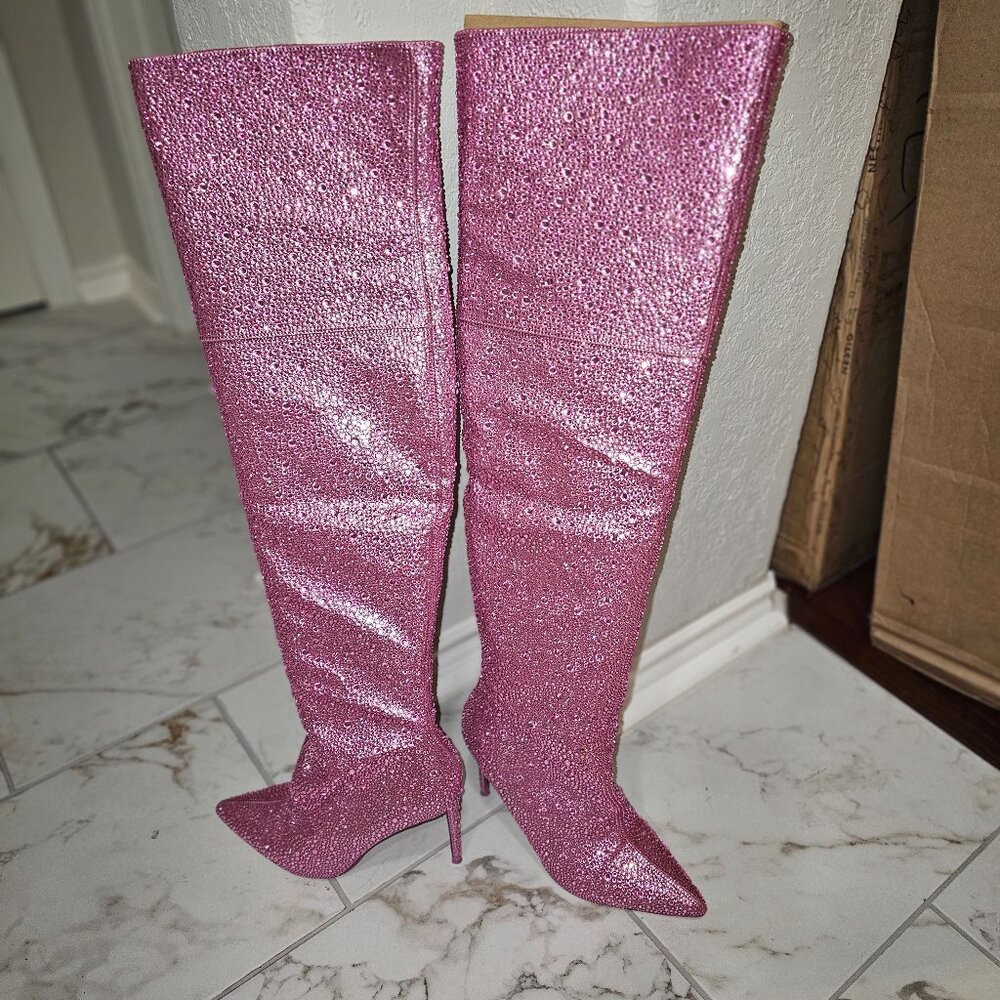 Steve Madden Vivienne Pink Rhinestone OTK Boots - Picture 6 of 8